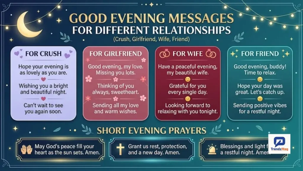 Good Evening Messages for Different Relationships (Crush, Girlfriend, Wife, Friend)