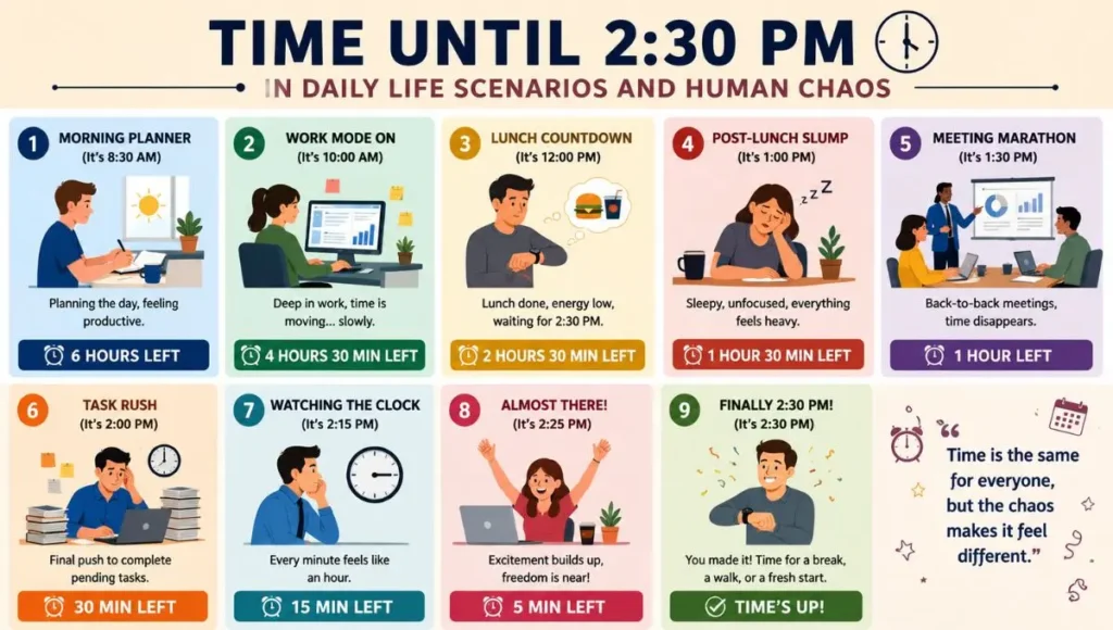 Time Until 2:30 PM in Daily Life Scenarios and Human Chaos
